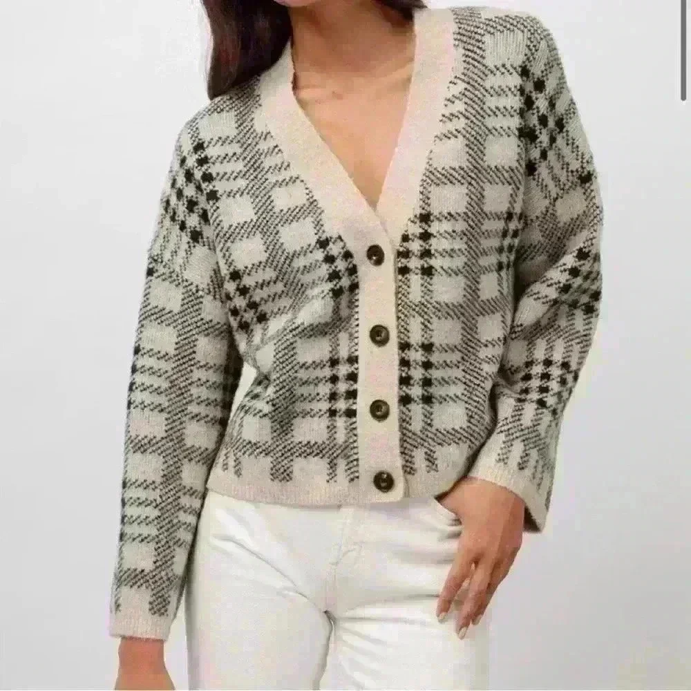 Rails Women's Plaid Cardigan Sweater Ivory Black Size XL Wool Winter Preppy - Picture 1 of 11